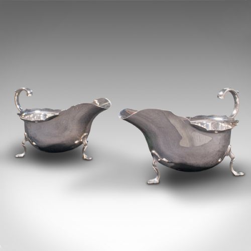 fig 1. Pair, Antique Sauce Boats, British, Silver, Condiment Dish, Hallmarks, Edwardian
