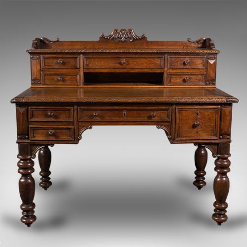 fig 1. Antique Carved Correspondence Desk, Scottish Oak, Writing Table, Early Victorian
