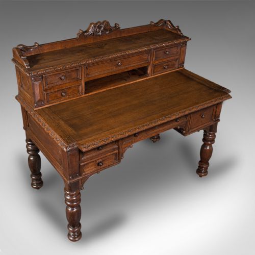 fig 5. Antique Carved Correspondence Desk, Scottish Oak, Writing Table, Early Victorian