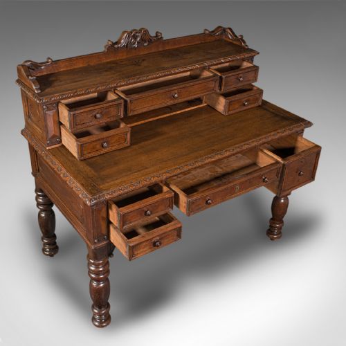 fig 6. Antique Carved Correspondence Desk, Scottish Oak, Writing Table, Early Victorian