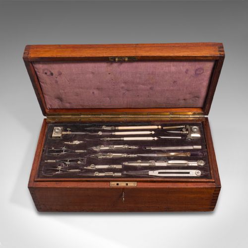 fig 1. Antique Cased Draughtsman's Set, English, Architect's Drawing Tools, Edwardian