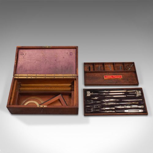 fig 3. Antique Cased Draughtsman's Set, English, Architect's Drawing Tools, Edwardian