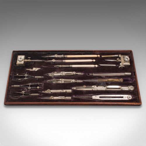 fig 4. Antique Cased Draughtsman's Set, English, Architect's Drawing Tools, Edwardian