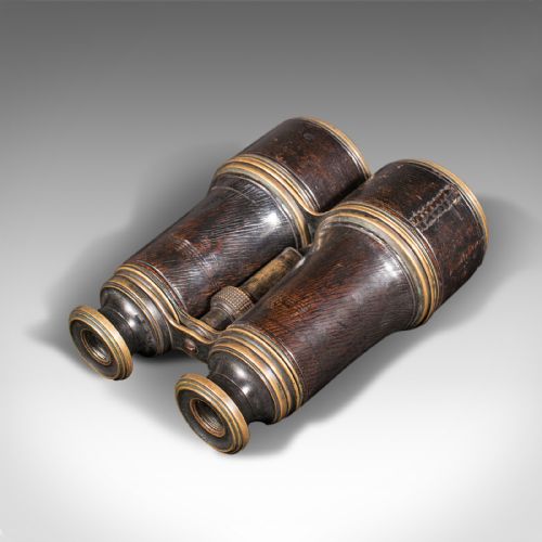 fig 1. Pair Of Antique Binoculars, English, Brass, Leather, Optical Instrument, C.1920