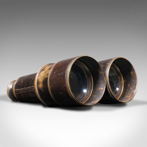 fig 2. Pair Of Antique Binoculars, English, Brass, Leather, Optical Instrument, C.1920