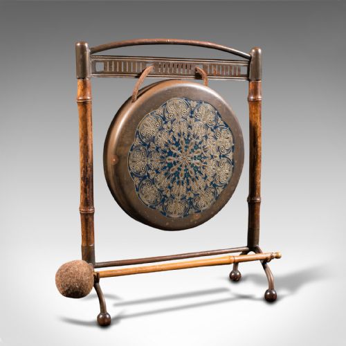 Small Antique Table Gong, Oriental, Bamboo, Brass, Dinner Chime, Victorian, 1900