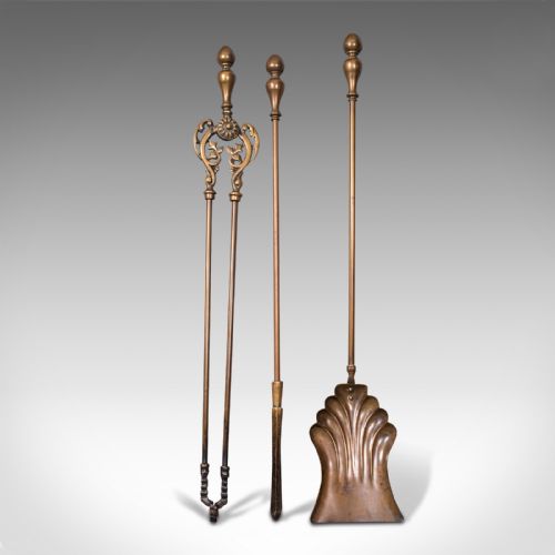 fig 1. Trio Of Antique Fireside Tools, English, Brass, Poker, Shovel, Tongs, Victorian