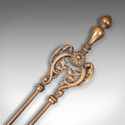 fig 3. Trio Of Antique Fireside Tools, English, Brass, Poker, Shovel, Tongs, Victorian