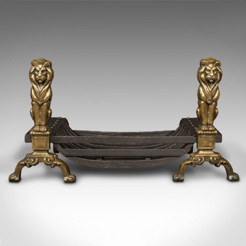 fig 1. Antique Decorative Fire Basket, English, Cast Iron, Brass, Fireplace, Andirons