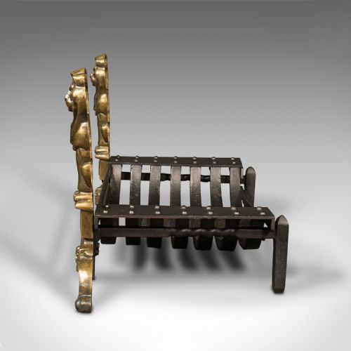 fig 2. Antique Decorative Fire Basket, English, Cast Iron, Brass, Fireplace, Andirons
