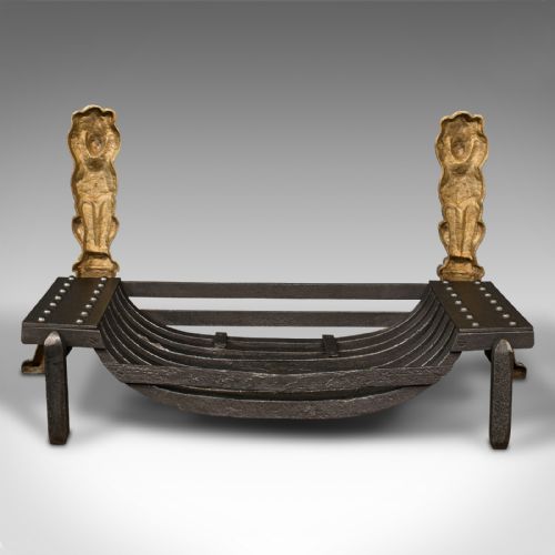 fig 3. Antique Decorative Fire Basket, English, Cast Iron, Brass, Fireplace, Andirons