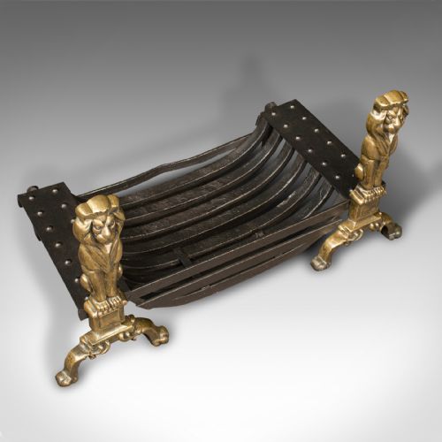 fig 4. Antique Decorative Fire Basket, English, Cast Iron, Brass, Fireplace, Andirons