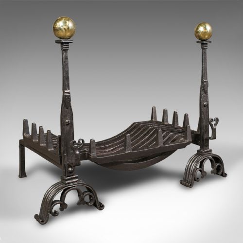 Antique Fire Grate, English, Cast Iron, Brass, Basket, Andirons, Victorian, 1880
