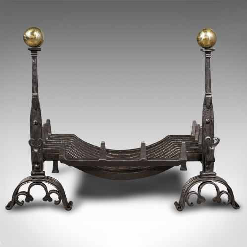 fig 1. Antique Fire Grate, English, Cast Iron, Brass, Basket, Andirons, Victorian, 1880