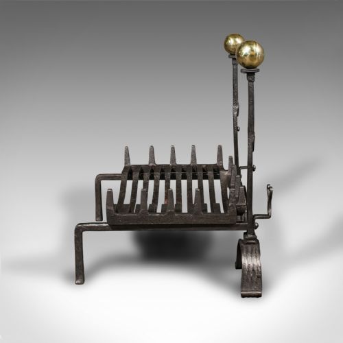 fig 2. Antique Fire Grate, English, Cast Iron, Brass, Basket, Andirons, Victorian, 1880