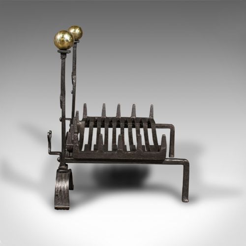 fig 3. Antique Fire Grate, English, Cast Iron, Brass, Basket, Andirons, Victorian, 1880