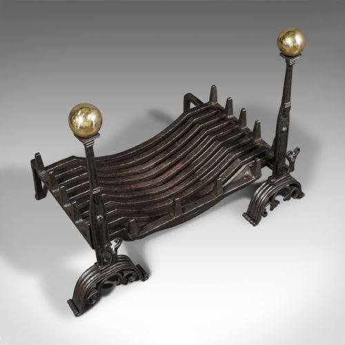 fig 5. Antique Fire Grate, English, Cast Iron, Brass, Basket, Andirons, Victorian, 1880