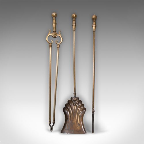 fig 1. Set of Antique Fire Tools, English, Brass, Tongs, Shovel, Poker, Victorian, 1880