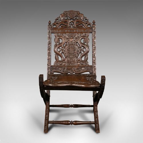 fig 1. Antique Campaign Chair, Chinese, Carved, Folding Colonial Seat, Victorian, 1850