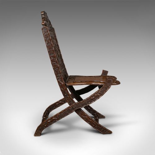 fig 2. Antique Campaign Chair, Chinese, Carved, Folding Colonial Seat, Victorian, 1850