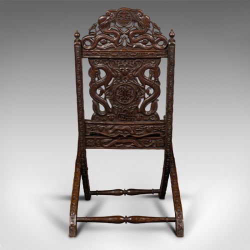 fig 3. Antique Campaign Chair, Chinese, Carved, Folding Colonial Seat, Victorian, 1850