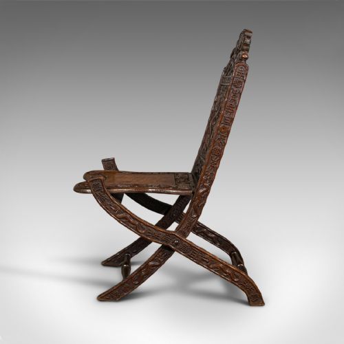 fig 4. Antique Campaign Chair, Chinese, Carved, Folding Colonial Seat, Victorian, 1850