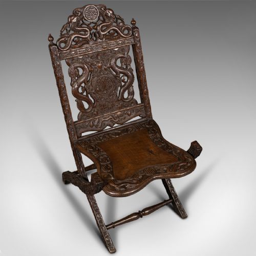 fig 5. Antique Campaign Chair, Chinese, Carved, Folding Colonial Seat, Victorian, 1850
