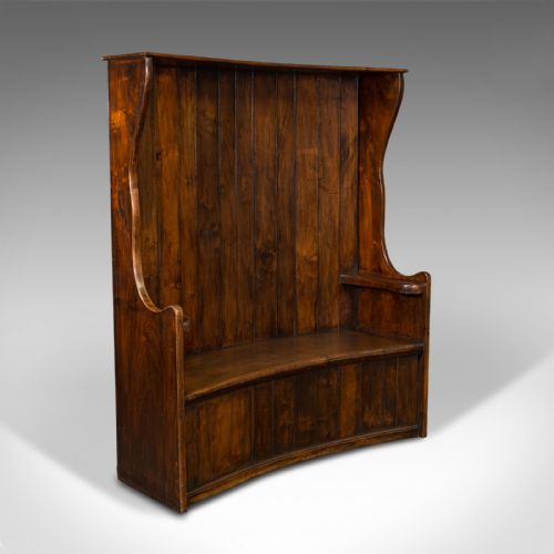 Large Antique Bow Form Settle, English, Elm, Oak, Bench Seat, Georgian, C.1750