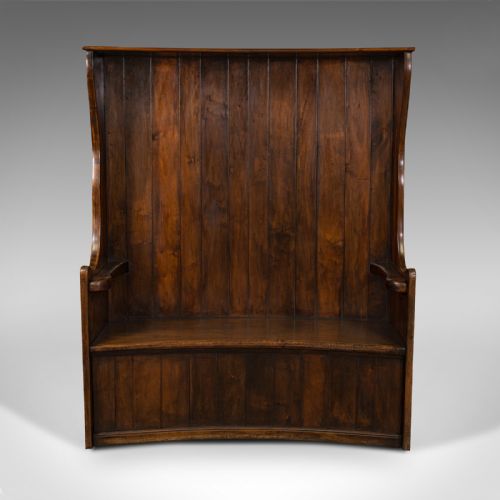 fig 1. Large Antique Bow Form Settle, English, Elm, Oak, Bench Seat, Georgian, C.1750
