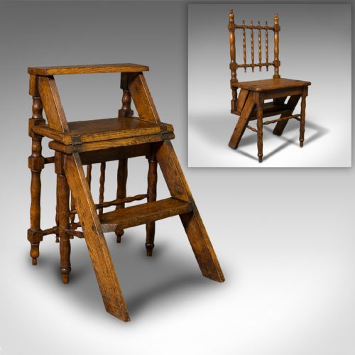 Set of Antique Metamorphic Library Steps, English, Oak, Folding Chair, Georgian