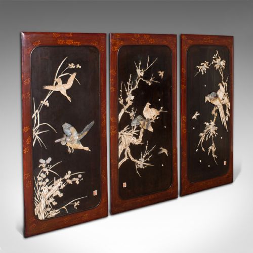 Trio of Antique Shibayama Panels, Japanese Decorative Screen, Meiji Period, 1900