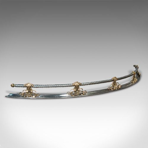 Antique Curved Fire Fender, English Steel, Brass, Fireside Kerb, Victorian, 1850
