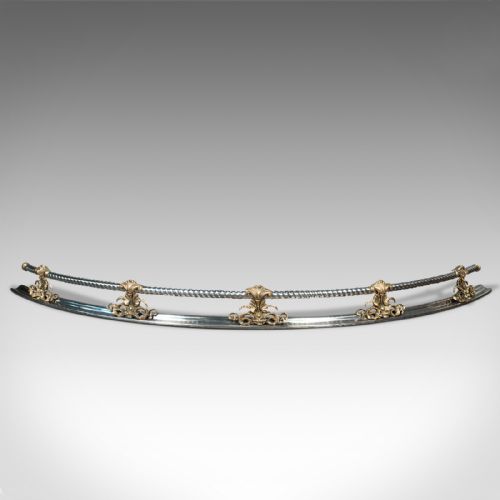 fig 1. Antique Curved Fire Fender, English Steel, Brass, Fireside Kerb, Victorian, 1850
