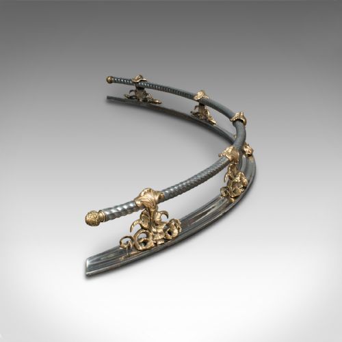 fig 2. Antique Curved Fire Fender, English Steel, Brass, Fireside Kerb, Victorian, 1850