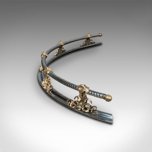 fig 4. Antique Curved Fire Fender, English Steel, Brass, Fireside Kerb, Victorian, 1850
