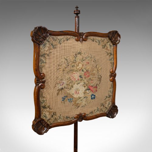 ANTIQUE FIRESIDE POLE SCREEN ENGLISH NEEDLEPOINT TAPESTRY ADJUSTABLE REGENCY - ADDITIONAL PHOTO 5