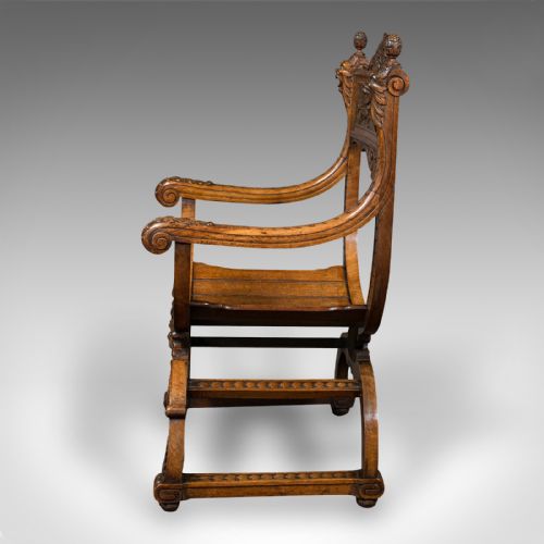 fig 1. Antique Savonarola Armchair, English, Gothic Revival, James Shoolbred, Victorian