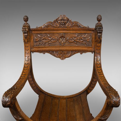fig 2. Antique Savonarola Armchair, English, Gothic Revival, James Shoolbred, Victorian