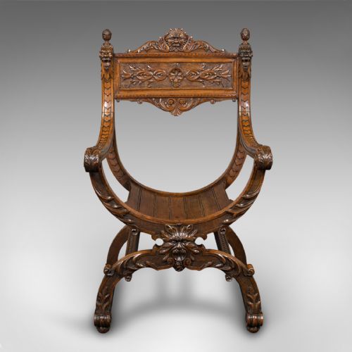 fig 5. Antique Savonarola Armchair, English, Gothic Revival, James Shoolbred, Victorian