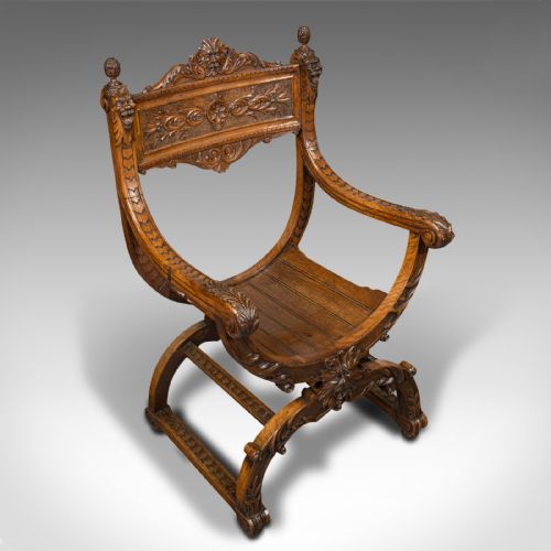 fig 6. Antique Savonarola Armchair, English, Gothic Revival, James Shoolbred, Victorian