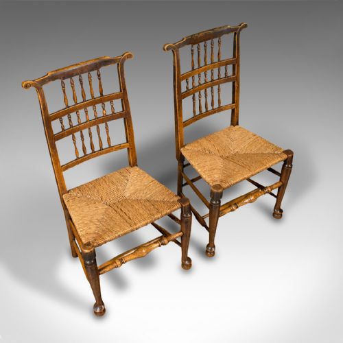 fig 1. Pair Of Antique Spindleback Rush Chairs, English, Hall, Lancashire, Victorian