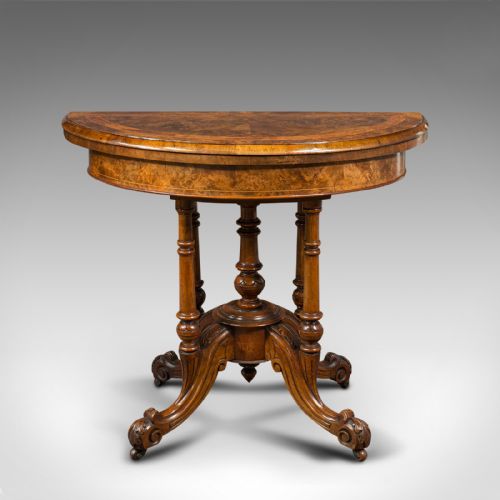 fig 2. Antique Demi Lune Folding Card Table, English, Walnut, Games, Side, Victorian