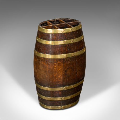 Antique Coppered Stick Stand, English Oak, Brass, Oval Barrel, Victorian, C.1850
