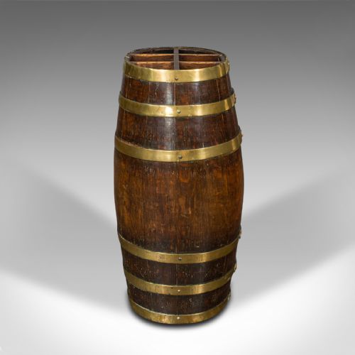 fig 1. Antique Coppered Stick Stand, English Oak, Brass, Oval Barrel, Victorian, C.1850