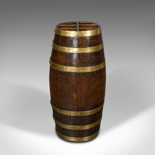fig 2. Antique Coppered Stick Stand, English Oak, Brass, Oval Barrel, Victorian, C.1850