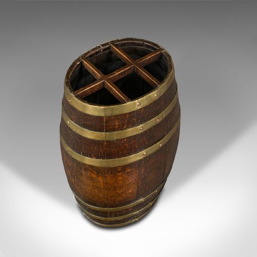 fig 3. Antique Coppered Stick Stand, English Oak, Brass, Oval Barrel, Victorian, C.1850