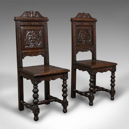 Pair of Antique Carved Hall Chairs, English Oak, Gothic Revival, Side, Victorian