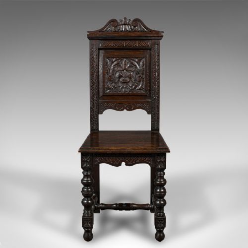fig 1. Pair Of Antique Carved Hall Chairs, English Oak, Gothic Revival, Side, Victorian