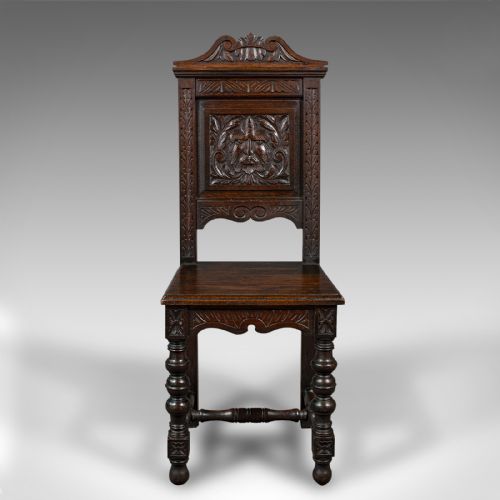 fig 2. Pair Of Antique Carved Hall Chairs, English Oak, Gothic Revival, Side, Victorian