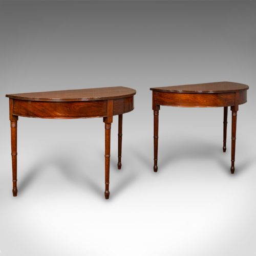 Pair of Antique Demi Lune Side Tables, English, Drum, Console, Georgian, C.1800